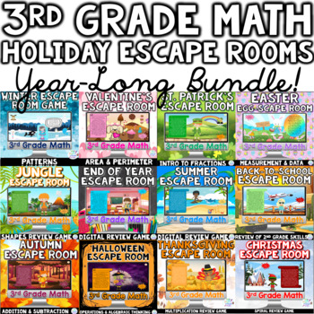 Preview of 3rd Grade HOLIDAY Math Digital Escape Room Games Activities SEASONAL BUNDLE