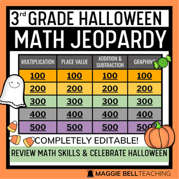 Preview of 3rd Grade Halloween Math Jeopardy - Whole Class Digital Review Game (editable)