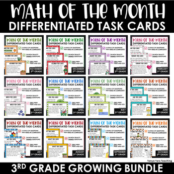 Preview of 3rd Grade Math Task Cards Monthly Math Spiral Review Differentiated Bundle