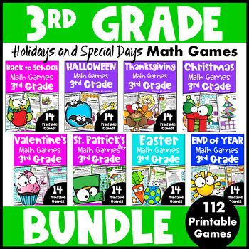 Preview of 3rd Grade Holidays Math Game Bundle - End of Year, Back to School, Halloween etc