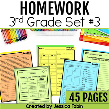 Preview of Homework Packet, 3rd Grade Homework with Folder Cover, ELA and Math Review Set 3