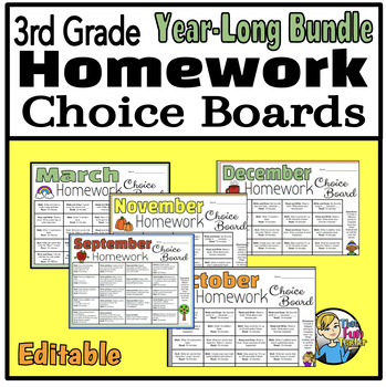 Preview of 3rd Grade Homework Choice Boards - Editable - Engaging Daily Activities