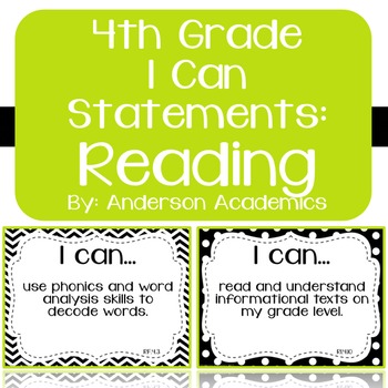 Preview of 4th Grade "I Can" CCSS Statements: Reading