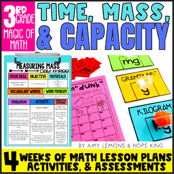 Preview of 3rd Grade Math for Telling Time, Elapsed Time, Measure Capacity, Weight, & Mass