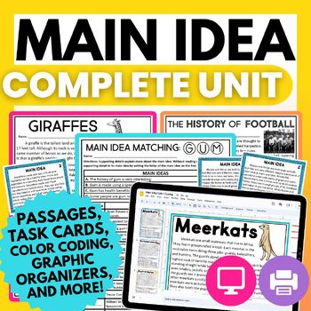 Preview of Main Idea - Main Idea Activities for 3rd Grade Main Ideas Passages Task Cards