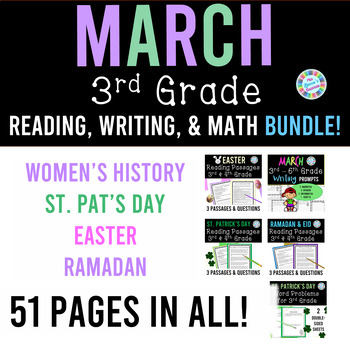 Preview of 3rd Grade March Worksheets Bundle for Reading, Writing, & Math | No Prep!