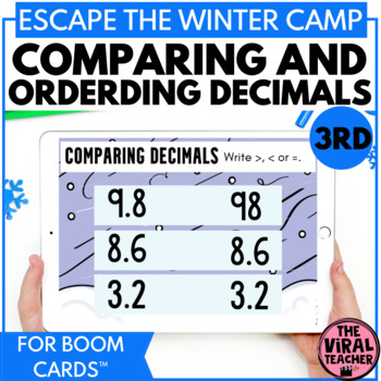 Preview of Comparing and Ordering Decimals and 2D Shapes Winter Escape Room Boom Cards™