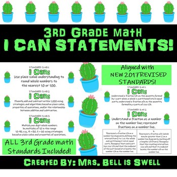 Preview of 3rd Grade Math "I Can" Statements (Cactus Theme)