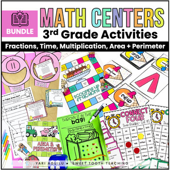 Preview of 3rd Grade Math Centers | Elapsed Time | Fractions | Multiplication | Measurement
