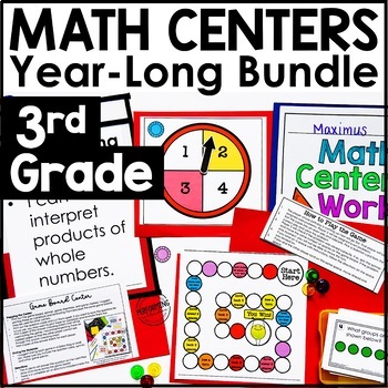Preview of 3rd Grade Math Centers Year-Long Bundle | Fractions, Multiplication, Geometry