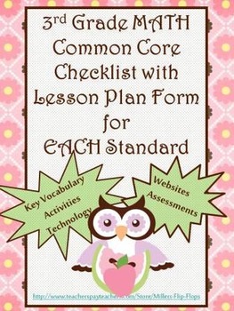 Preview of 3rd Grade Math Common Core Checklist - Lesson Planning Form - Owl - Pink