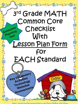 Preview of 3rd Grade Math Common Core Checklists - Lesson Planning Form - Fun Dog Theme