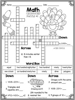 3rd Grade Math Crossword Puzzles - November by Frogs Fairies and Lesson ...