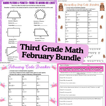 Preview of 3rd Grade Math February Valentines Day Bundle-Games & Activities, Spiral Reviews