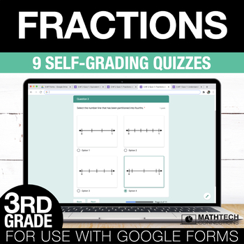 Preview of Fractions Google Form Math Assessments - 3rd Grade Math Test Prep Quizzes