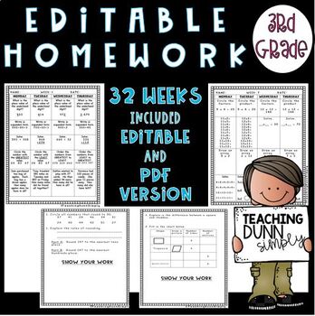 Preview of 3rd Grade Math Homework - EDITABLE
