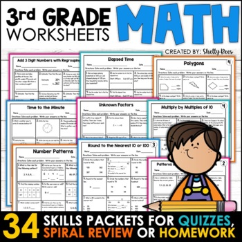 Preview of 3rd Grade Math Homework Spiral Review Math Worksheets Packet Test Prep Practice