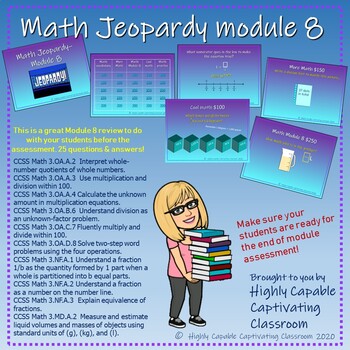 Preview of 3rd Grade Math Jeopardy Origo Module 8 review (virtual or in the classroom)