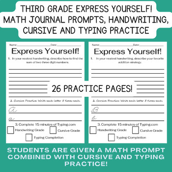 Preview of 3rd Grade Math Journal Prompts, Cursive, Typing & Handwriting Practice, 26 pages