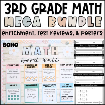 Preview of 3rd Grade Math Mega Bundle -Quizzes, Boho Vocab Posters, Test Reviews - Eureka