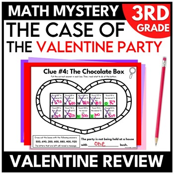 Preview of 3rd Grade Math Mystery Valentine's Day |Third Grade Math Worksheets Escape Room