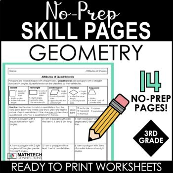 Preview of 3rd Grade Math No-Prep Geometry Worksheets Attributes of Shapes Skill Pages