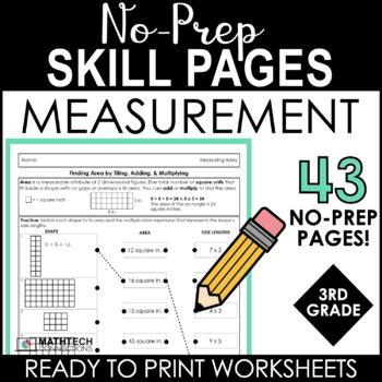 Preview of 3rd Grade Math No-Prep Worksheets - Time, Perimeter, Area, Weight & Volume