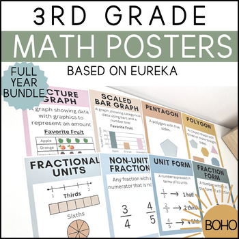 Preview of 3rd Grade Math Posters Bundle - BOHO - FULL YEAR - Based on Eureka