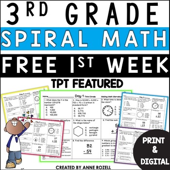Preview of 3rd Grade Math Review FULL WEEK FREE SAMPLE | Math Spiral Review
