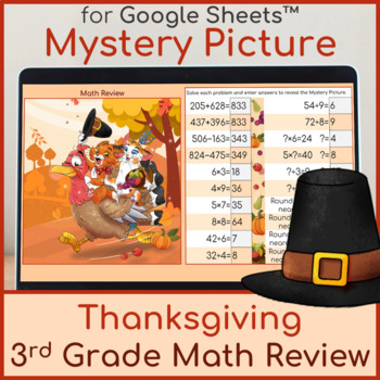 Preview of 3rd Grade Math Review | Mystery Picture Thanksgiving Cats
