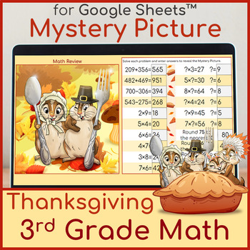 Preview of 3rd Grade Math Review | Mystery Picture Thanksgiving Chipmunks