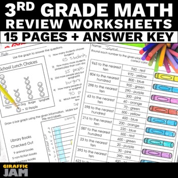Preview of 3rd Grade Math Review Packet Back to School Math Activities for Third Grade