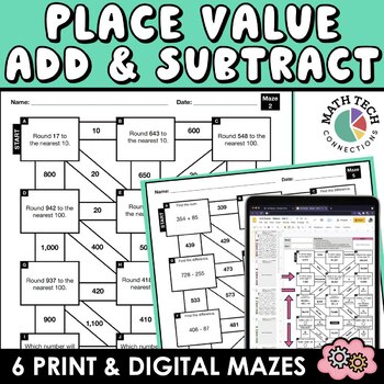 Preview of 3rd Grade Math Review Place Value, Addition & Subtraction Practice Math Mazes