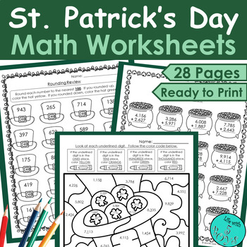 Preview of 3rd Grade St. Patrick's Day Math Activities, Worksheets & Color by Number Review