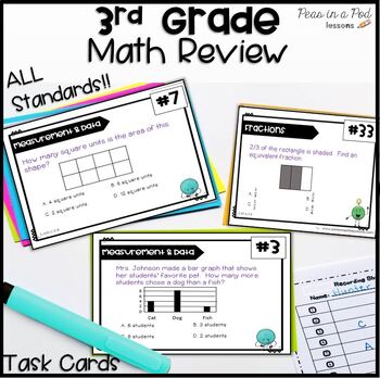 Preview of 3rd Grade End of the Year Math Review Summer Packets Fraction Scoot Task Cards +