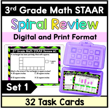 Preview of 3rd Grade Math STAAR Spiral Review Quiz/Task Cards - Digital and Print Version