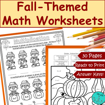 Preview of 3rd Grade Math Skills Review Practice & Color by Code Worksheets for Fall/Autumn
