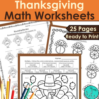 Preview of 3rd Grade Math Skills Review - Thanksgiving Practice & Color by Code Worksheets