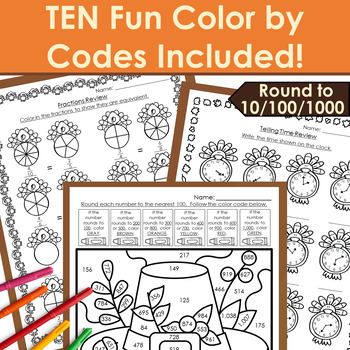 3rd Grade Math Skills Review - Thanksgiving Practice & Color by Code ...