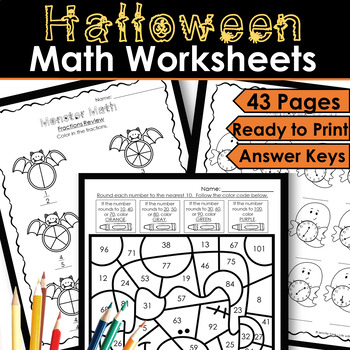 Preview of 3rd Grade Math Skills Review for Halloween - Practice & Color by Code Worksheets
