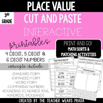 Preview of 3rd Grade PLACE VALUE | Math Sorts and Matching Printables  | Cut and Paste