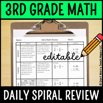 Preview of 3rd Grade Math Spiral Review Editable Daily Math Test Prep Worksheets