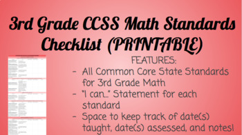 Preview of 3rd Grade Math Standards Checklist- PRINTABLE