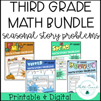 Preview of 3rd Grade Math Story Problem BUNDLE | Seasonal Third Grade Word Problems