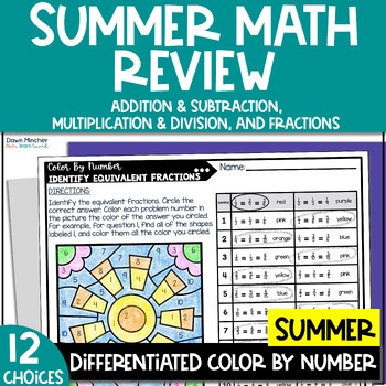 Preview of Summer Color by Number Printable Math Worksheets - 3rd Grade Math Review Packet