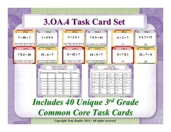 Preview of 3rd Grade Math Task Cards 3 OA.4 Determine Unknown Whole Number 3.OA.4