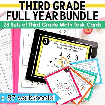 Preview of 3rd Grade Math Task Cards for the Year - Fractions, Measurement, Multiplication