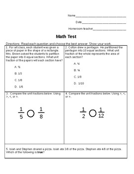 Preview of 3rd Grade Math Test: Comparing Fractions