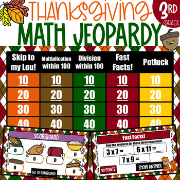 Preview of 3rd Grade Math Thanksgiving Jeopardy Review Game (EDITABLE)
