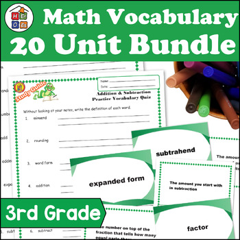 Preview of 3rd Grade Math | Math Vocab Words, Study Guides, Quizzes Full Year Bundle